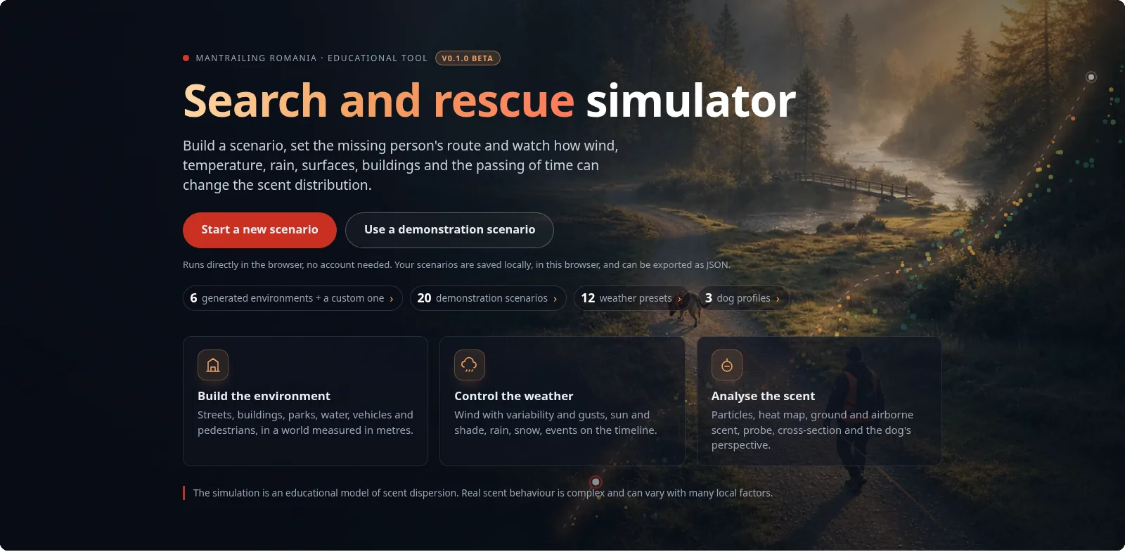 The start screen of the simulator, with the buttons “Start a new scenario” and “Use a demonstration scenario”, the row of figures and the three cards