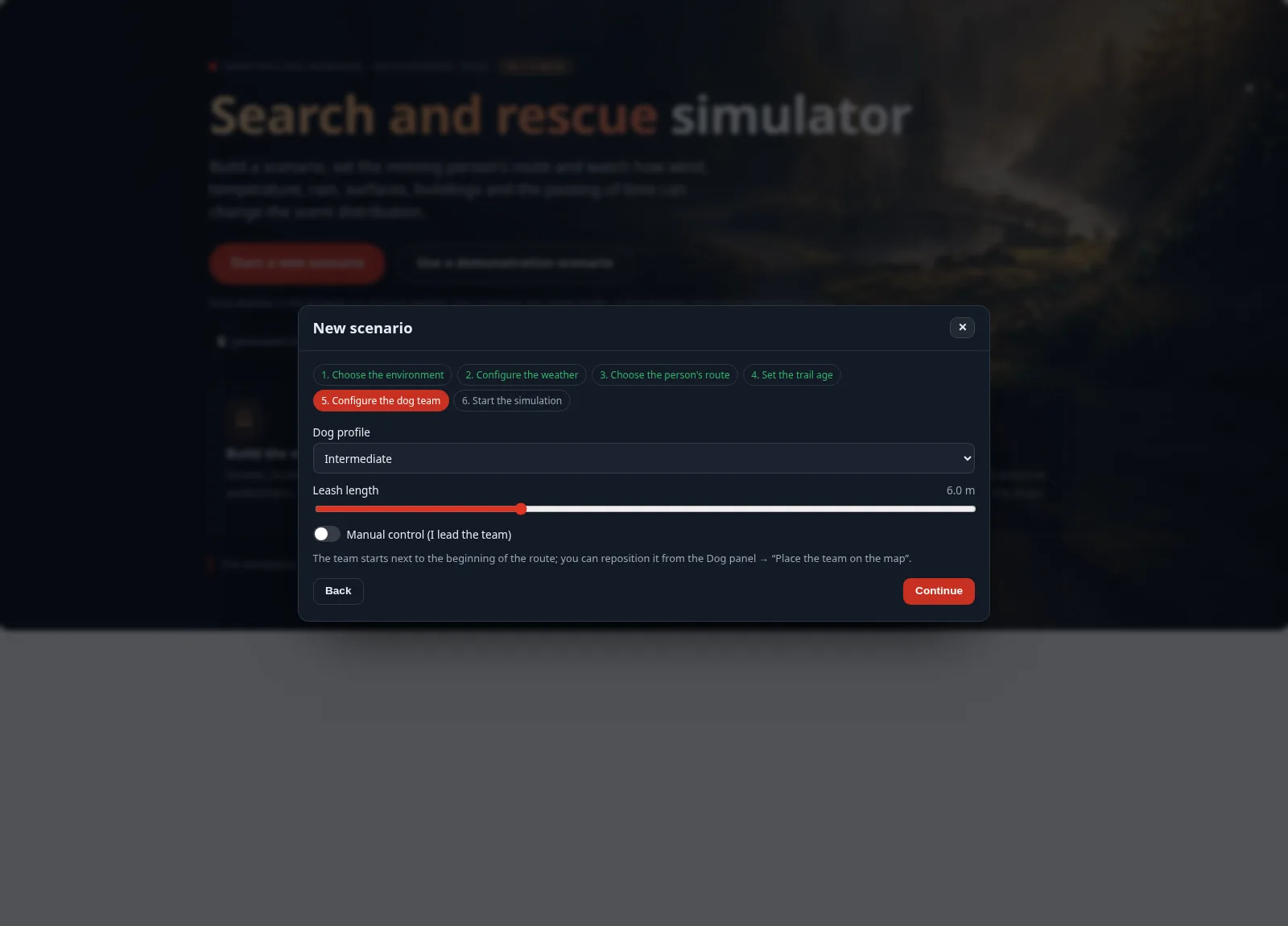 The new-scenario wizard, step 5: the dog profile and the leash length