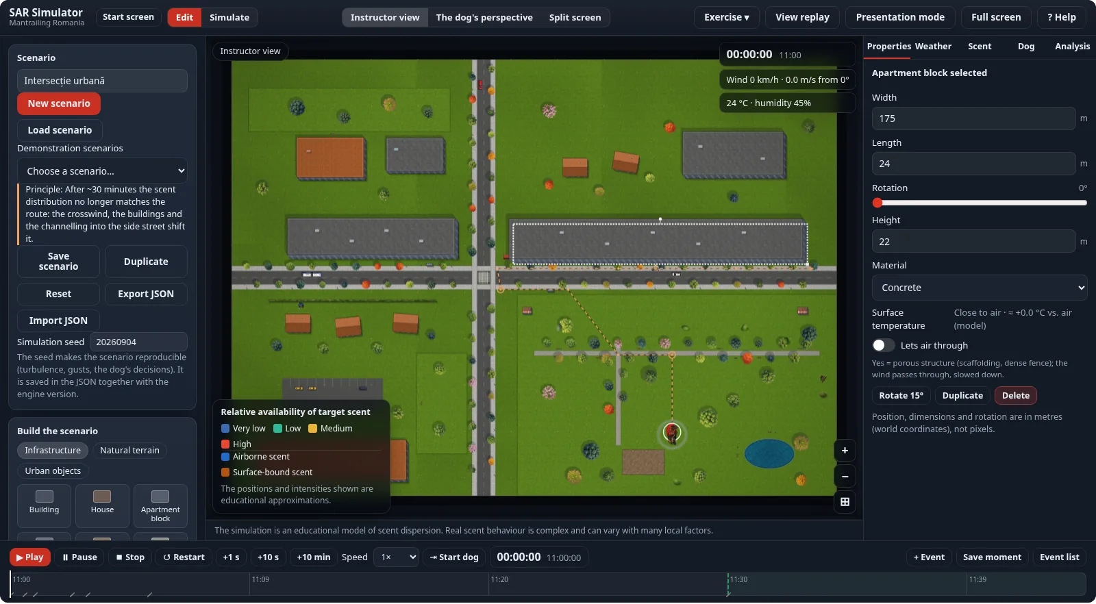 Edit mode: the object palette on the left, a selected object on the map and its properties on the right