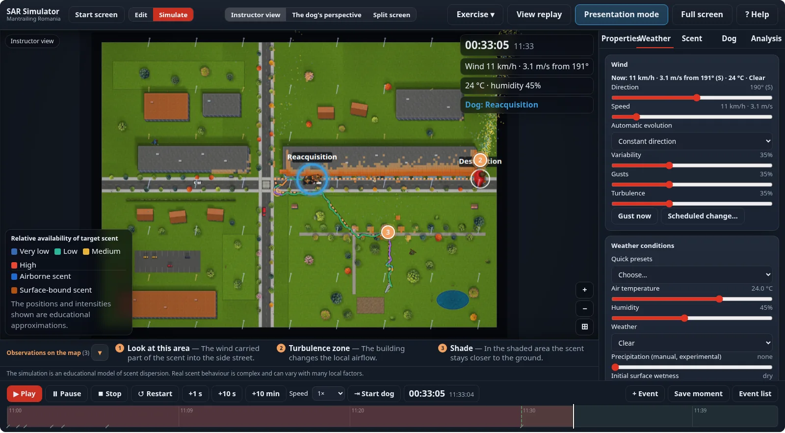 Presentation mode: the map on the whole screen, large labels and the interface reduced to the essentials
