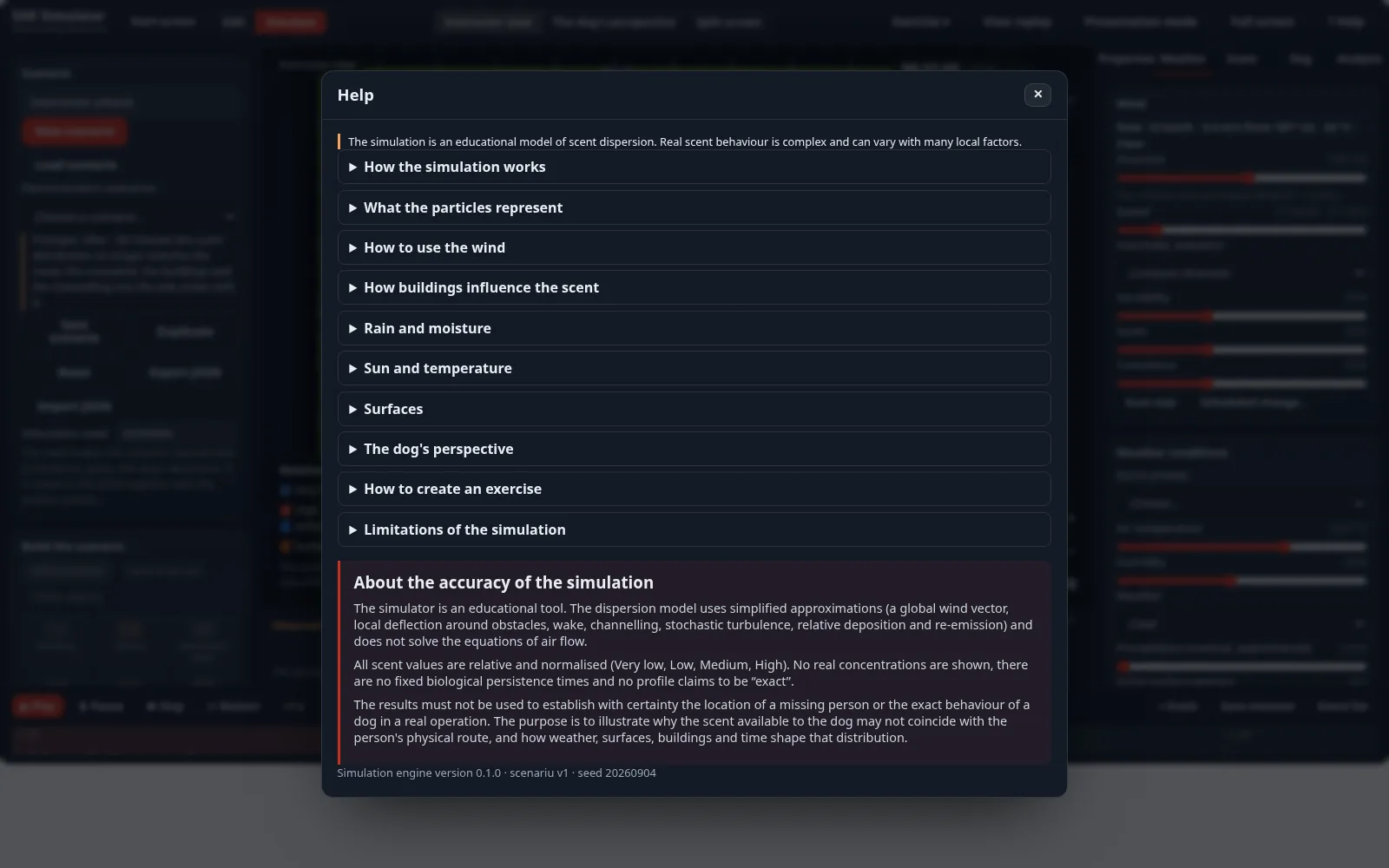 The in-app “Help” window: the link to the guide, the collapsible help sections and the accuracy text