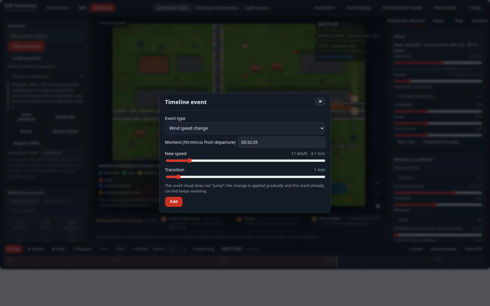 The “+ Event” form on the timeline: event type, moment, transition and the new values