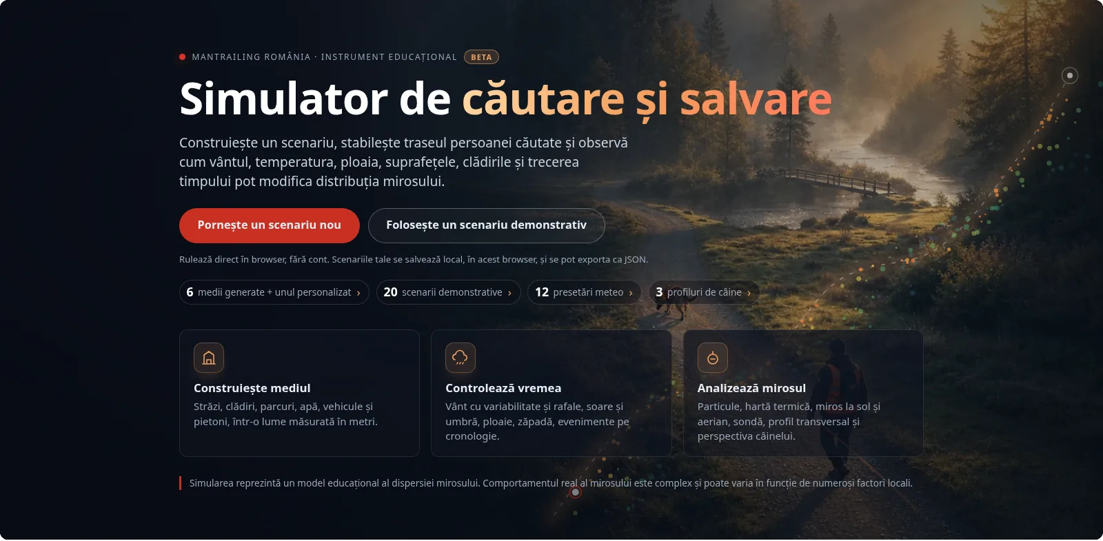 Ecranul de start al simulatorului, cu butoanele „Pornește un scenariu nou” și „Folosește un scenariu demonstrativ”, rândul cu cifre și cele trei carduri