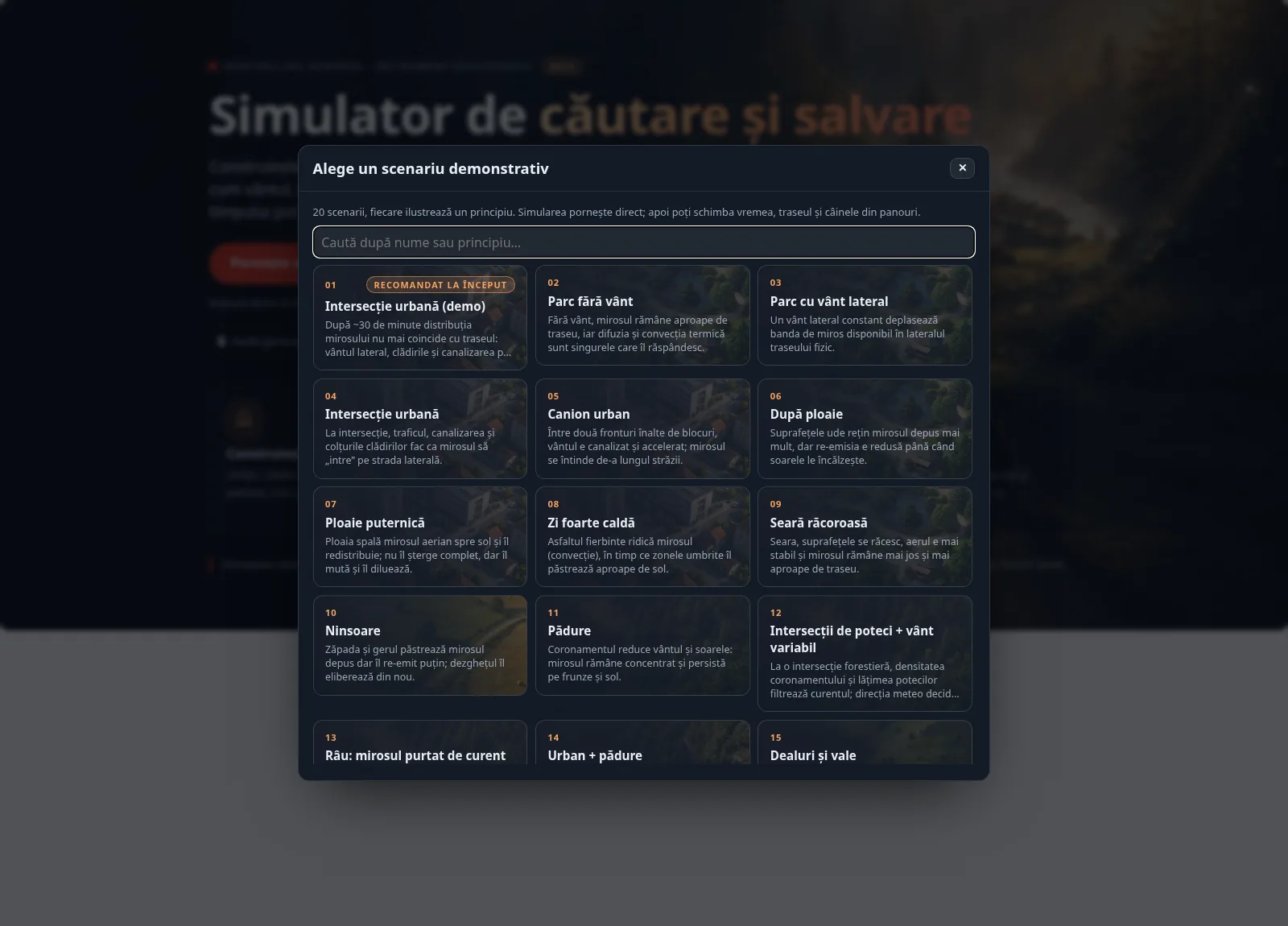 Selectorul de scenarii demonstrative: carduri numerotate cu numele scenariului și principiul ilustrat, plus un câmp de filtrare